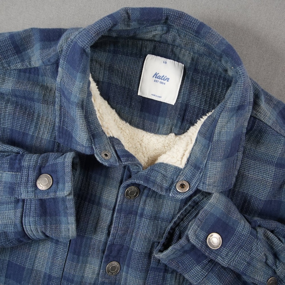 Katin Harold Sherpa Lined Flannel Plaid Shirt Jacket L Cabin Workwear Surf Skate